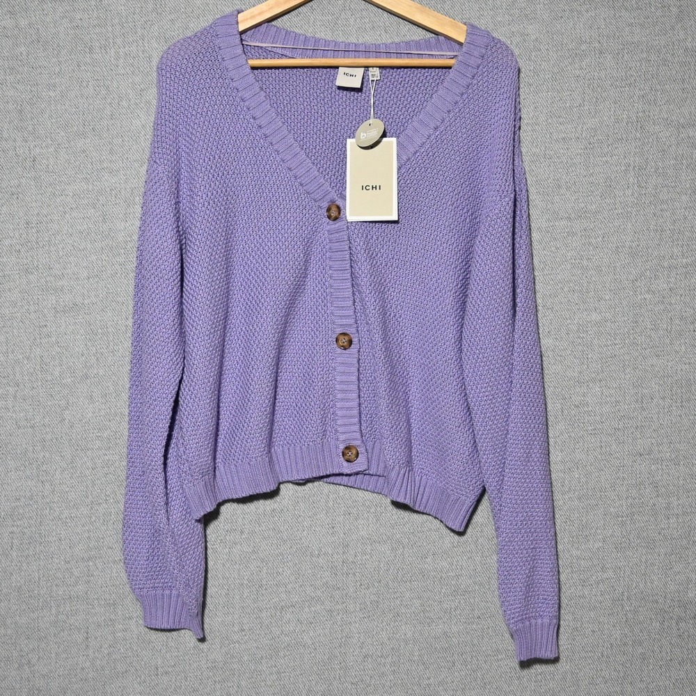 ICHI Noelle Cardigan Womens Textured V-Neck Knit Large Lavender